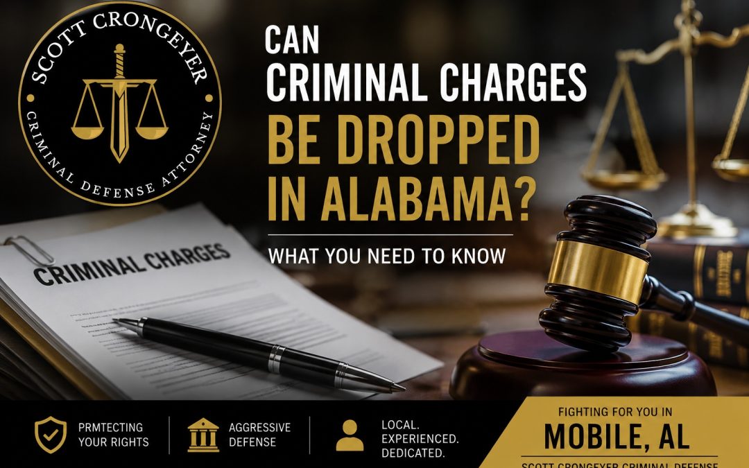 Scott Crongeyer Criminal Defense featured image about whether criminal charges can be dropped in Alabama, featuring a judge's gavel, scales of justice, and legal documents for criminal defense services in Mobile, AL.