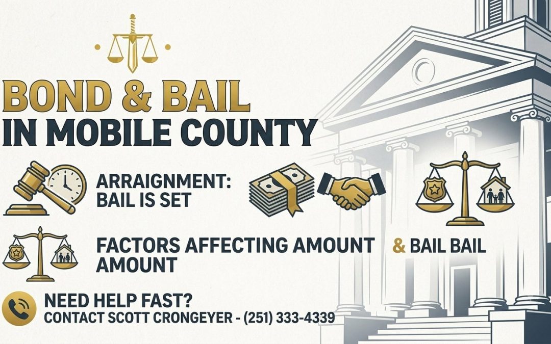 Infographic showing the bail bond process in Mobile County, AL, including arraignment, factors affecting bail amount, and contact info for attorney Scott Crongeyer